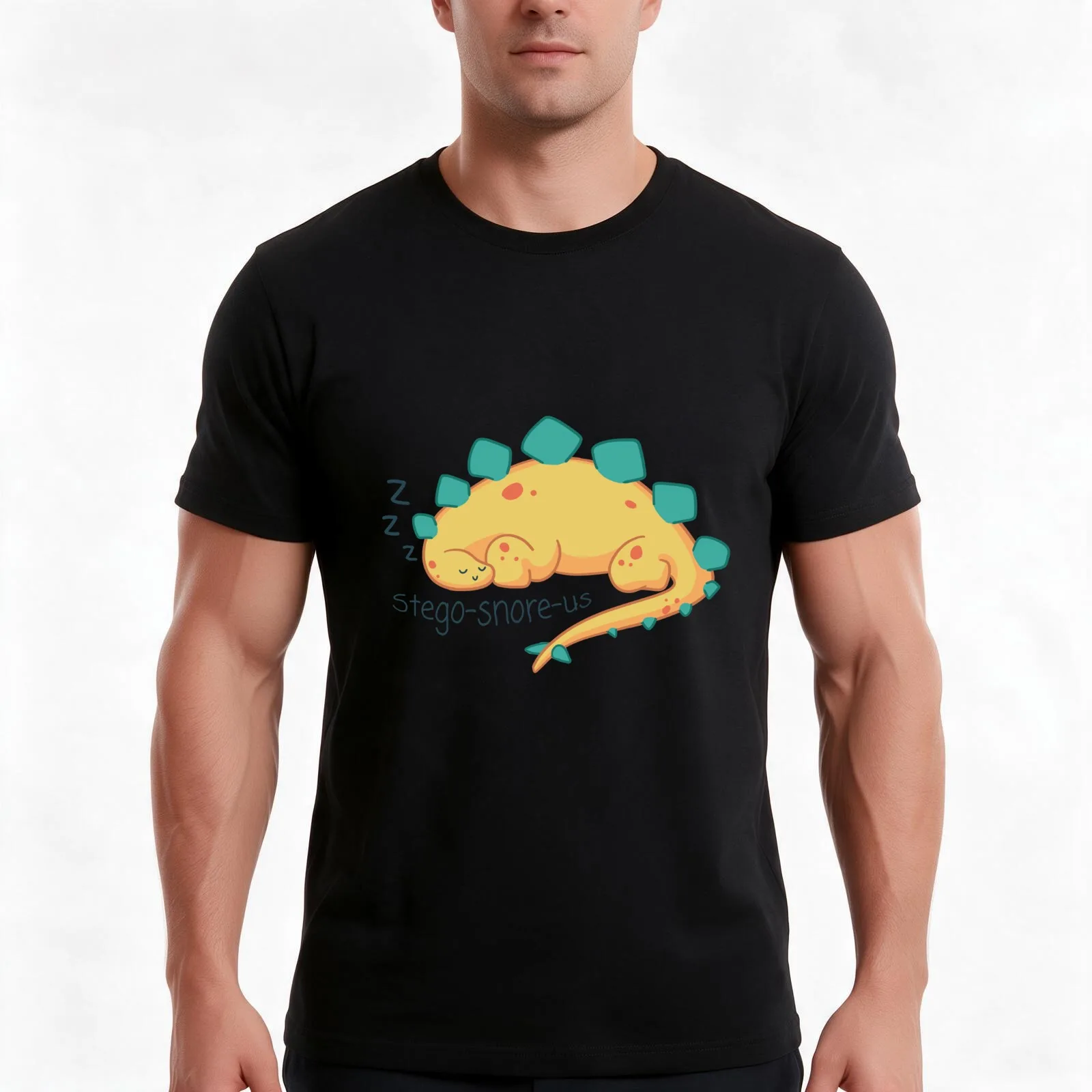 Stego-Snore-us - Dinosaur Graphic and Text pun- Yellow/Green Colour T-Shirt, Summer Casual Cotton Tee, Oversized Streetwear Tops