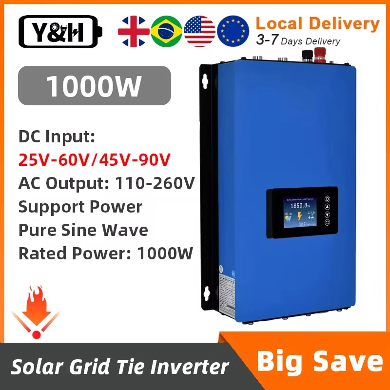 Y&H MPPT Solar Grid Tie Inverter 1000W On Grid Inverter with Limiter Sensor for 36V 48V Battery/Solar Panels  (Optional WiFi)