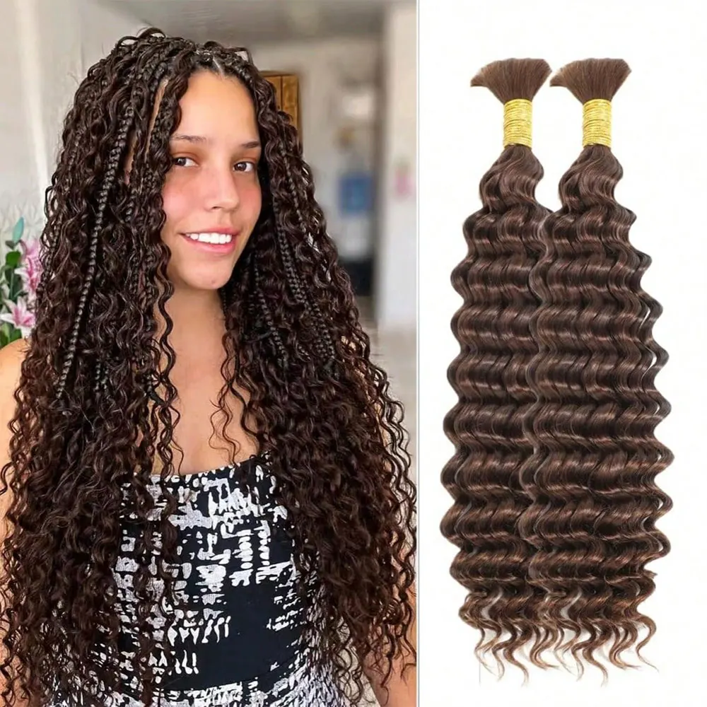 

Brown Braiding Human Hair for Boho Braids 110g 2 bundles Deep Wave Hair for Braiding Curly Bulk Bohemian Hair Extensions