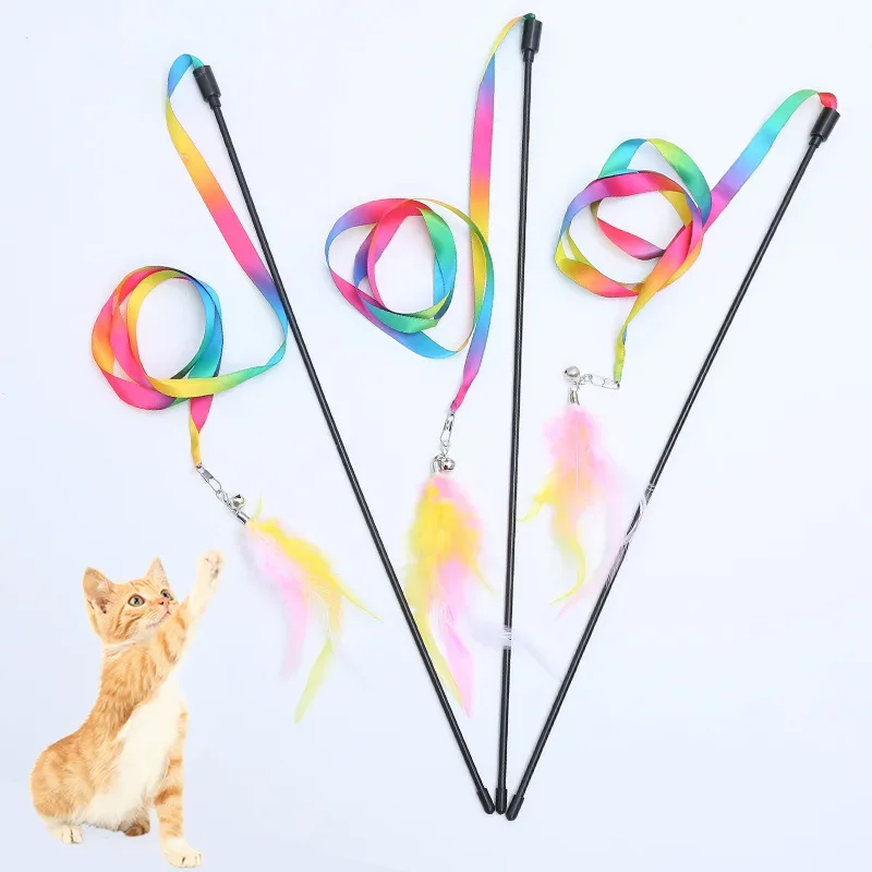 Pet Supplies Rainbow Cloth Strips with Feathers Cat Toy Wand Can Be Replaced with Interactive Play Cat Toys