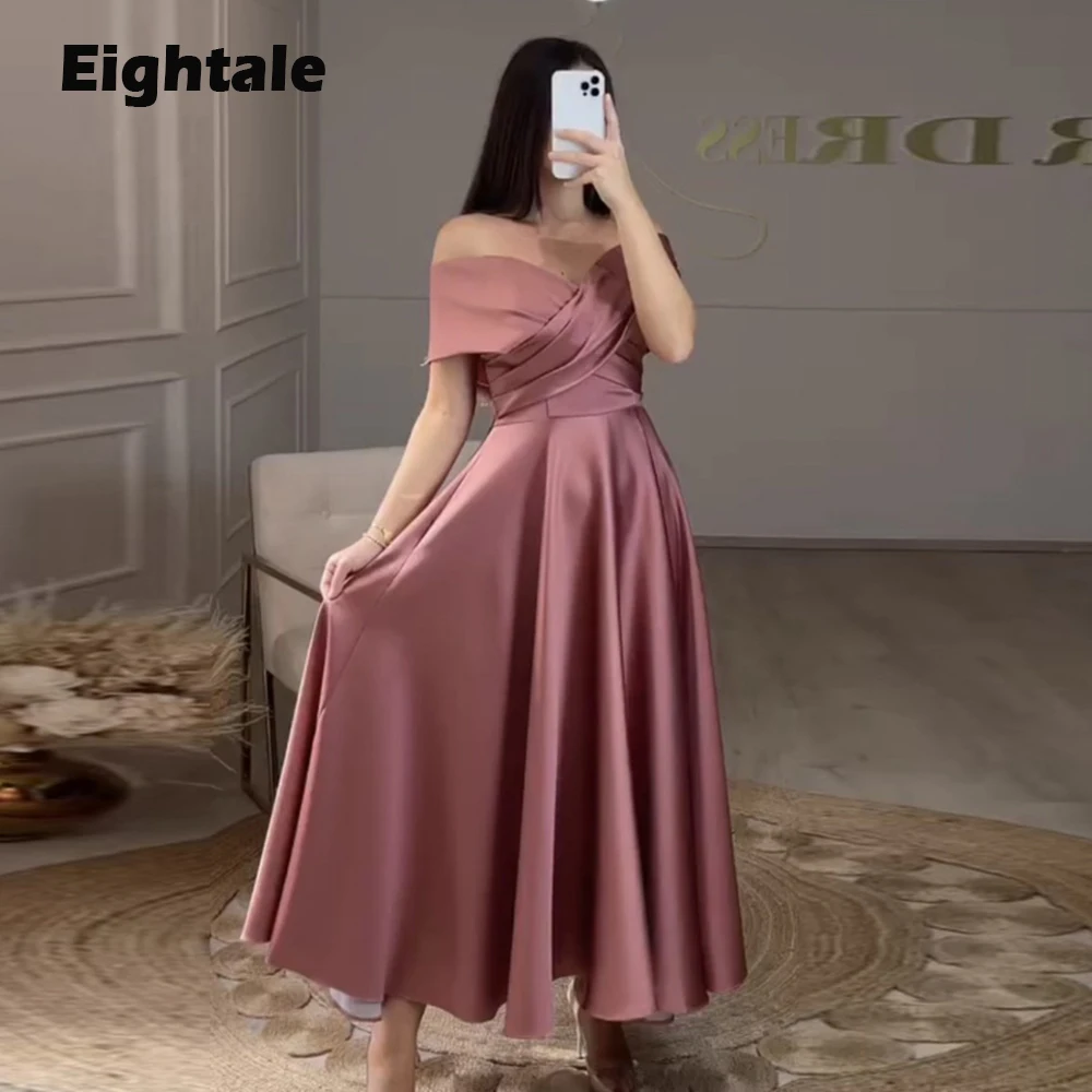 

Eightale Arabic Blush Pink Evening Dress for Wedding Party Satin Tea Length Off Shoulder A-Line Prom Gowns Celebrity Dress