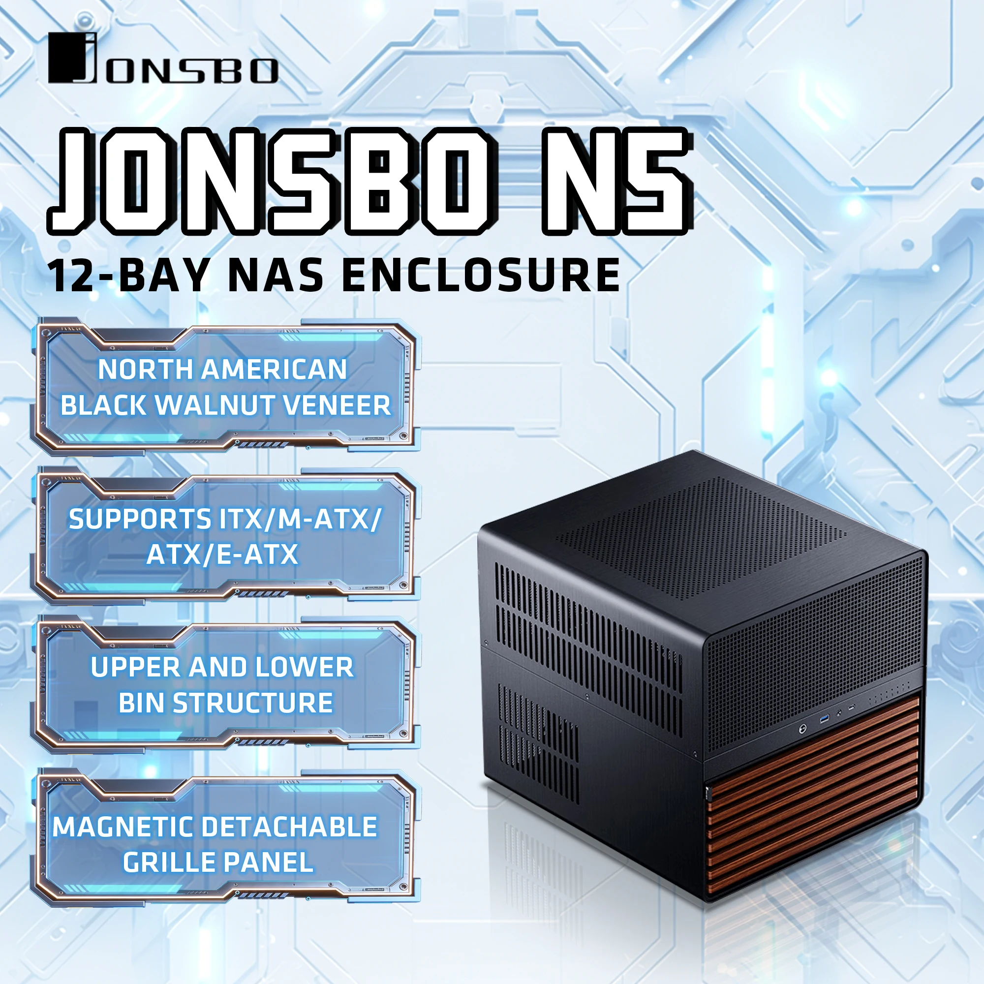 

Корпус для NAS-сервера JONSBO N5, 12 отсеков с горячей заменой, поддержка материнских плат E-ATX, подходит для домашнего сервера и хранения медиа
