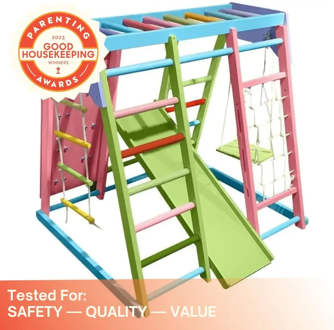 Magnolia Indoor Playground 7-in-1 Jungle Gym Playset for Kids 2-6yrs - Slide, Climbing Wall, Rope Wall Climber, Monkey Bars, Swi