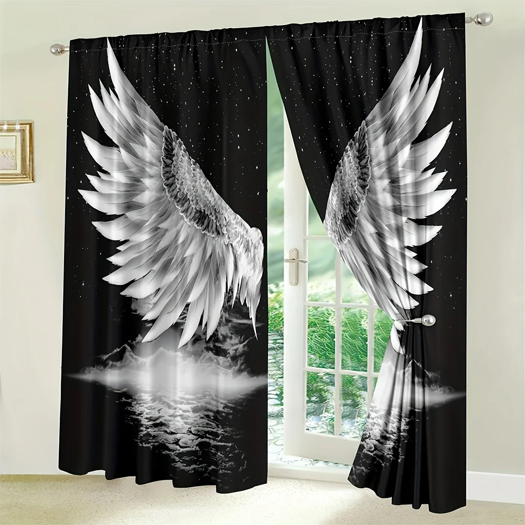 Angel Wings Curtain, Black and White Feather Design, Reflection Effect, Gothic Style Window Drapes for Living Room