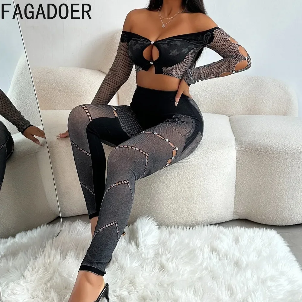 FAGADOER Thick Lace Sexy 2 Piece Set Outfit Women Off Shoulder Long Sleeves Crop Tops and Pants Clothing Female Elastic Clubwear