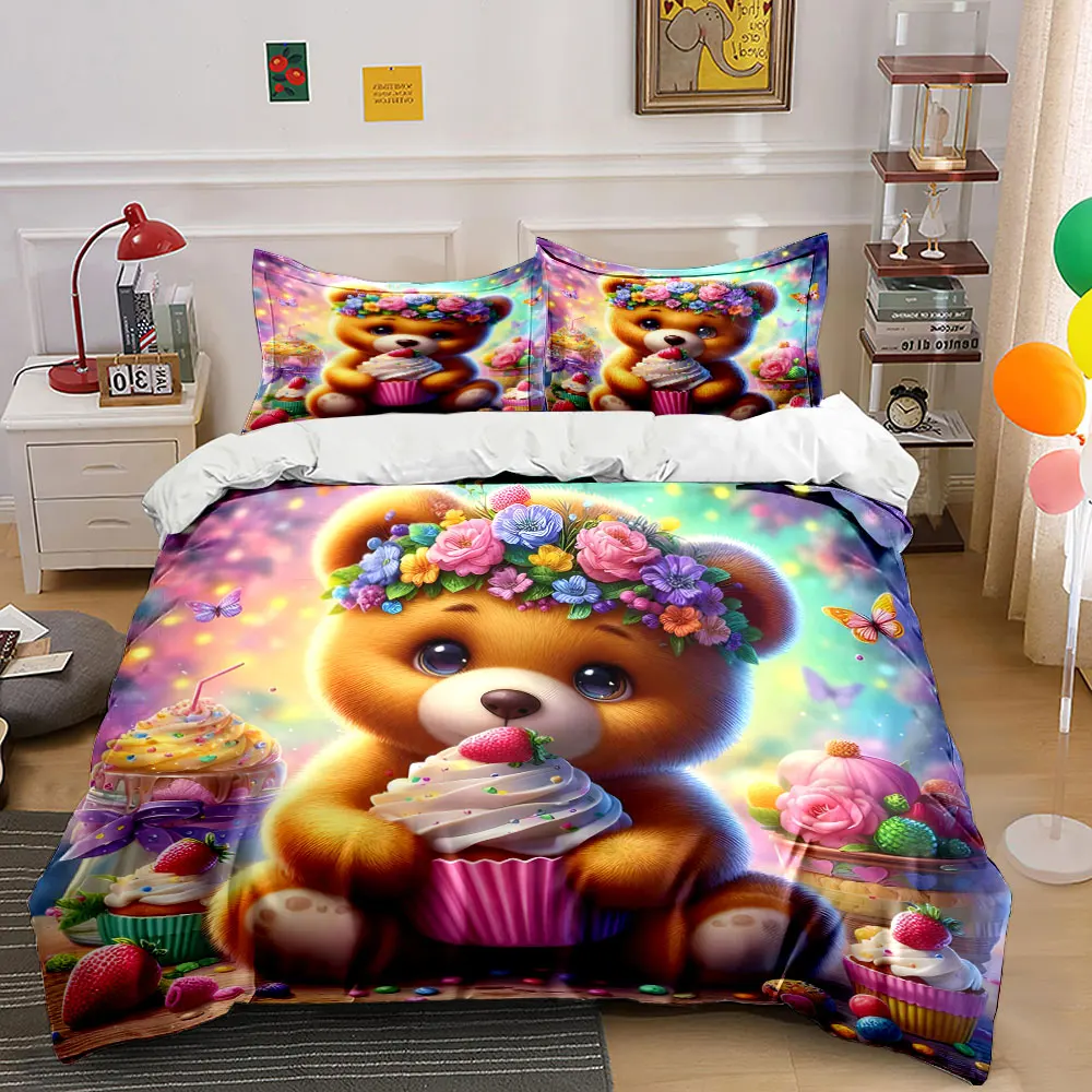 Cute teddy bear with dreamy desserts Print Soft Comfortable Duvet Cover Bedding Set Included 1*Duvet Cover 2*Pillowcases