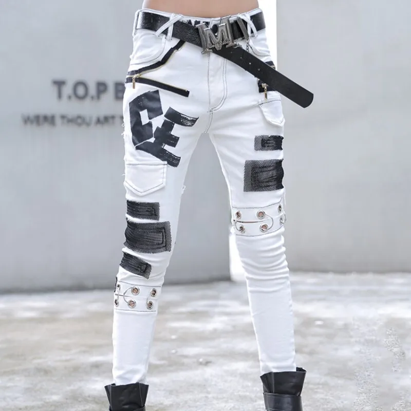 Personalized White Denim Jeans Women Spring Autumn Fashion Handsome Harem Pants Small Feet White Trousers LX1689