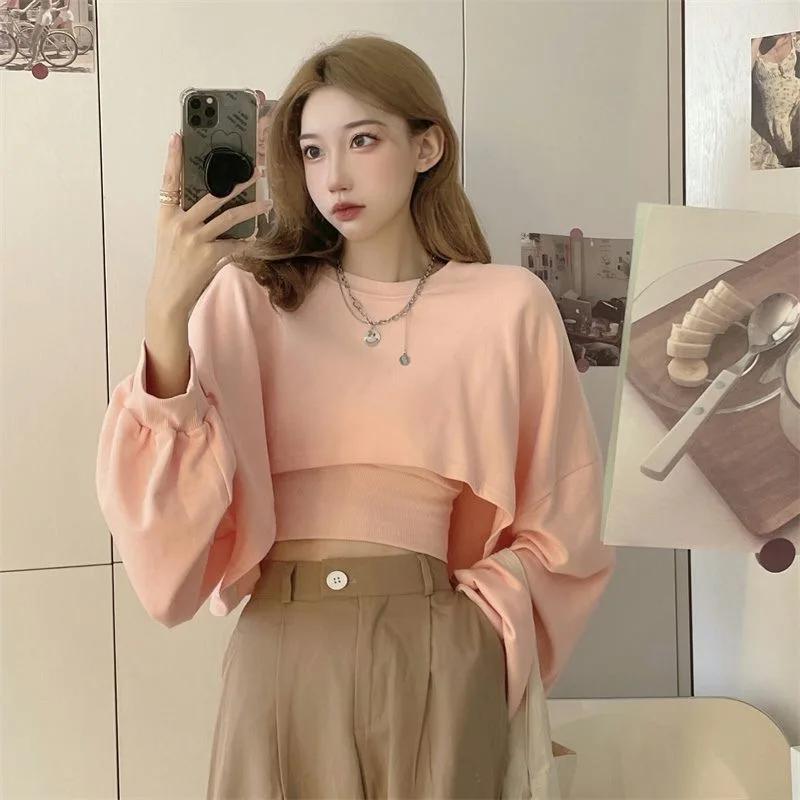 Moda 2 szt. Krótkie bluzy damskie koreańskie dorywczo luźne swetry i zestawy tank seksowna kobieta krótkie bluzki z długim rękawem