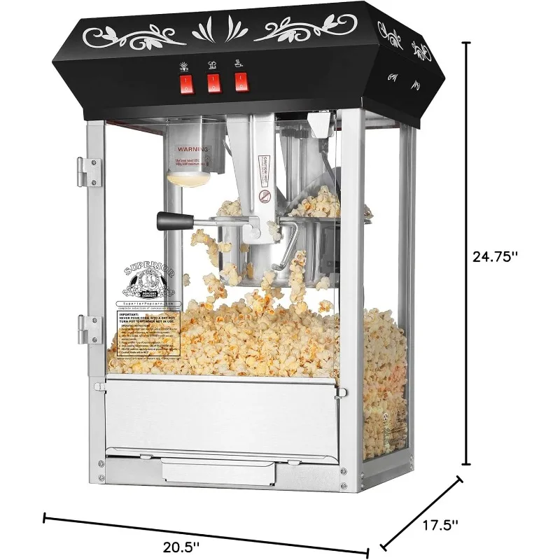 Doskonała maszyna do popcornu na blacie w starym czasie z czajnikiem ze stali nierdzewnej o pojemności 8 uncji, czarna
