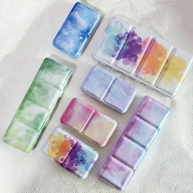 Empty Watercolor Paint Tin Iron Box Color Mixing Watercolor Palette Paint Tray with Half/Full Pans For Painting