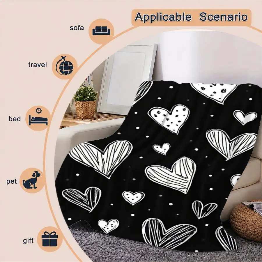 1pc Warm Premium Flannel Blanket with Playful Hand-Drawn Heart Sketch Pattern on Black Background, High Contrast Monochrome Decorative Throw for All Seasons, 280GSM Perfect As Home Decoration & Holiday Gift Choice
