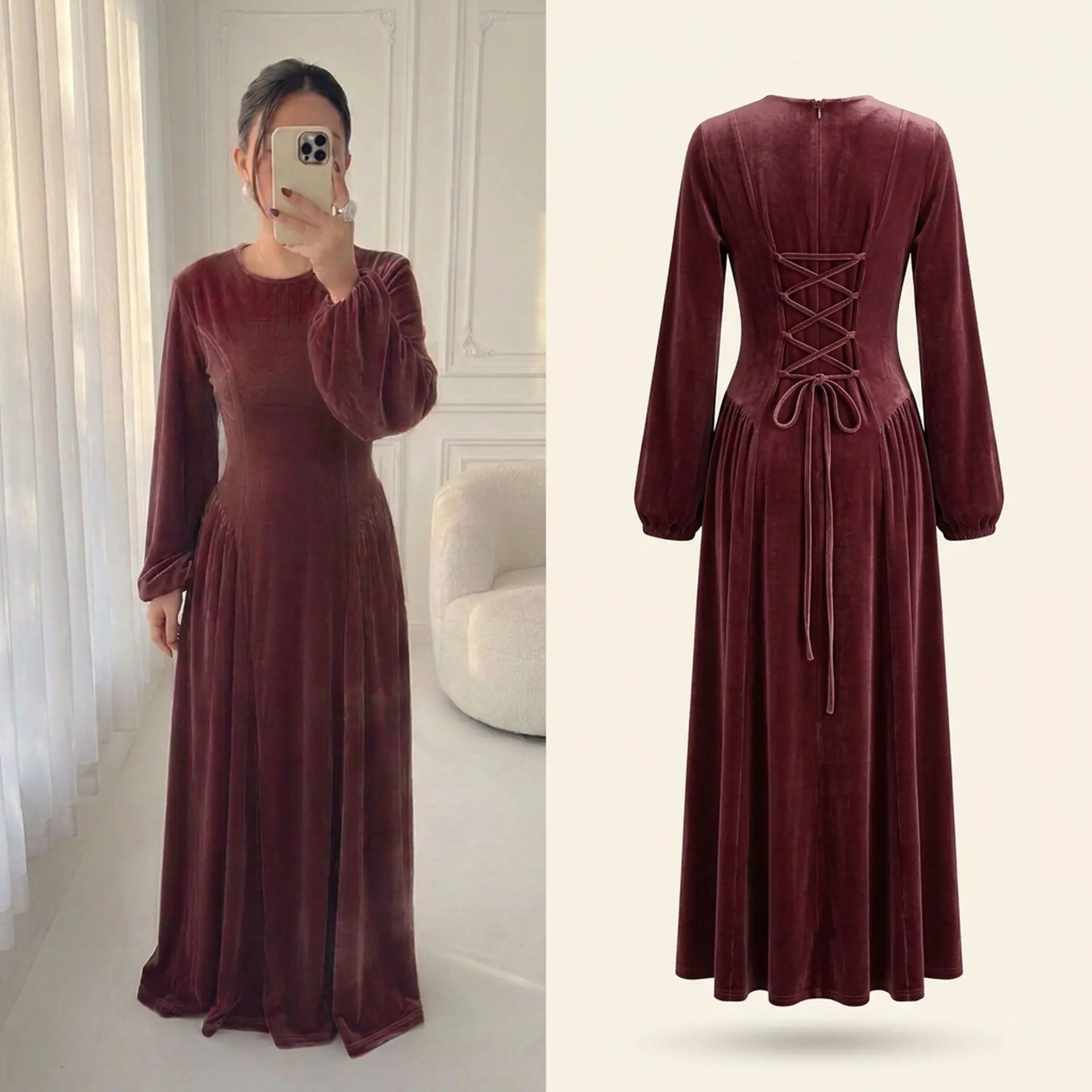 Women Thick Velvet Round Neck Waist Cinched Big Swing Long Dress Elegant Casual Party Maxi Dress Solid Color Arab Islamic Outfit