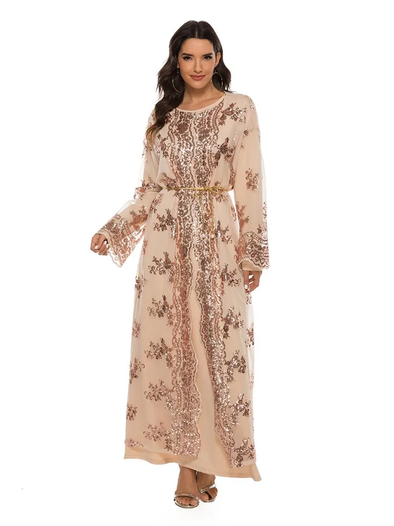 

Muslim Beaded Sequins Embroidered Abaya Long Dress Elegant Flared Sleeve Dresses Turkish Islamic Ladies Cardigan