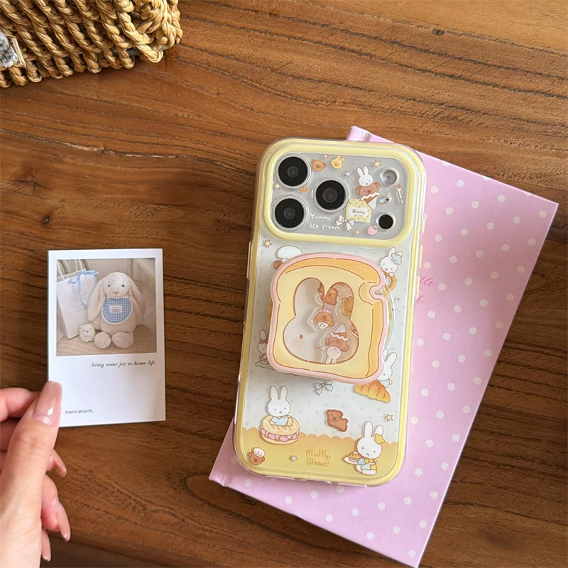 Fashion iPhone case Cute Bread Bunny Magnetic Phone Case With Shaker Stand Shockproof Cover For iPhone 17 16 15 14 Pro Max