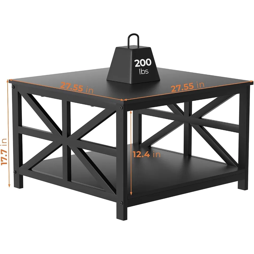 Tavolino da caffè con contenitore per soggiorno, tavolini centrali quadrati piccoli con piano in un unico pezzo senza cuciture in stile fattoria, nero