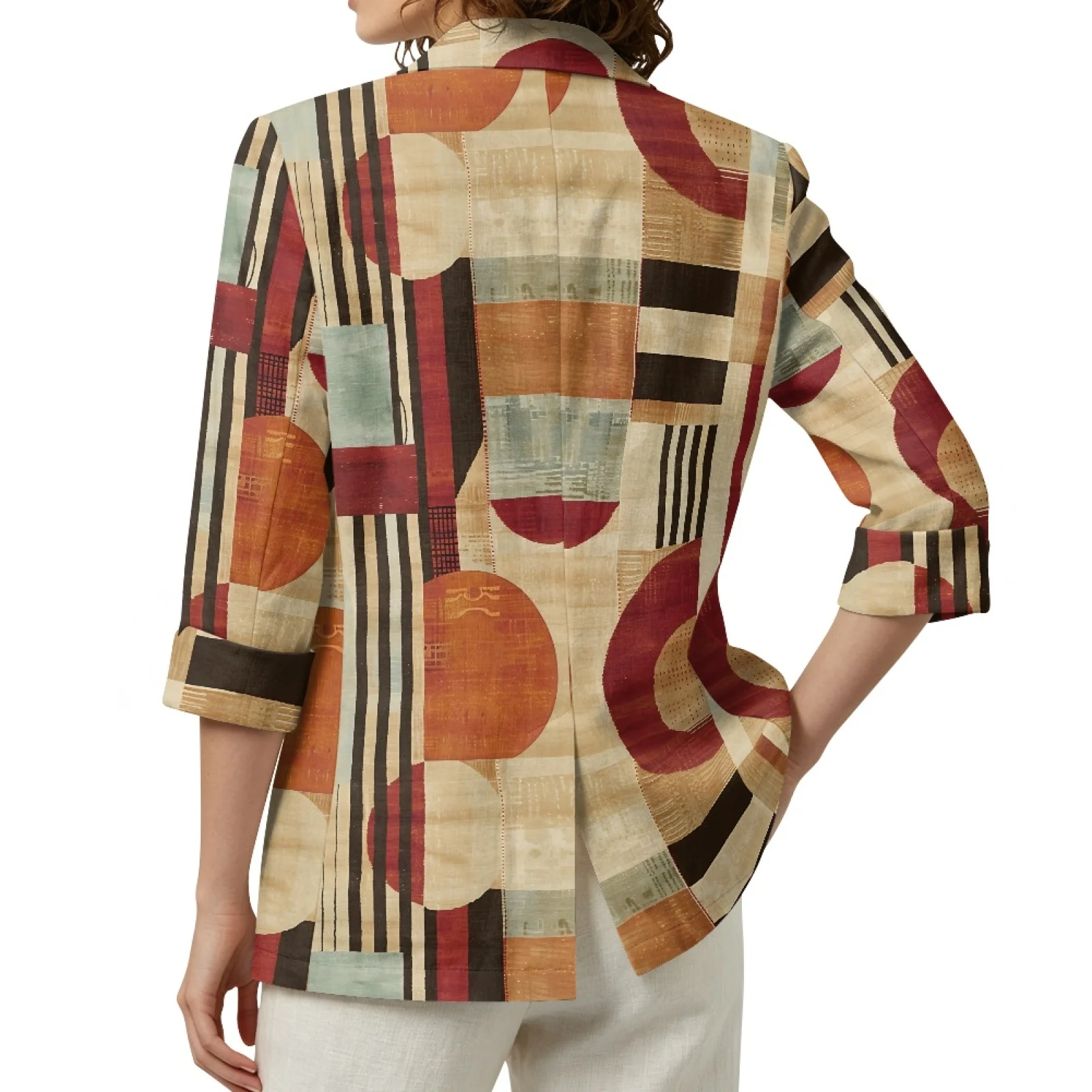 PENSTROLL Geometric Patchwork Linen Style Outerwear Cover Up Open Front Tops for Ladies Lightweight Peplum Cardigans