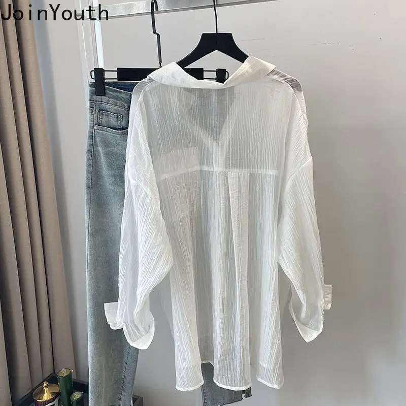 White Blouses for Women Oversized Tops Long Sleeve Korean Fashion Summer Shirts See Through Blouse Blusas Mujer De Moda 2024