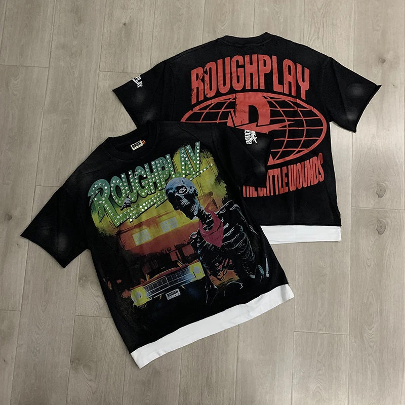 26ss Rough Play Short Sleeve American Skull Printed T-shirt Hip Hop Loose High Quality Men's Rough Play Top