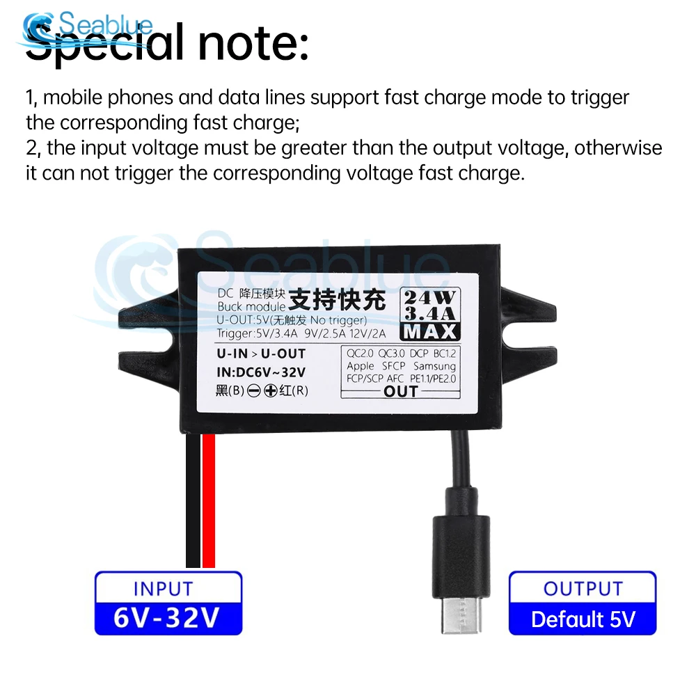 DC 6-30V to 5V 9V 12V 24W Car Power Converter Waterproof USB-A Female/Type C USB Step Down Voltage Power Supply Output Adapter