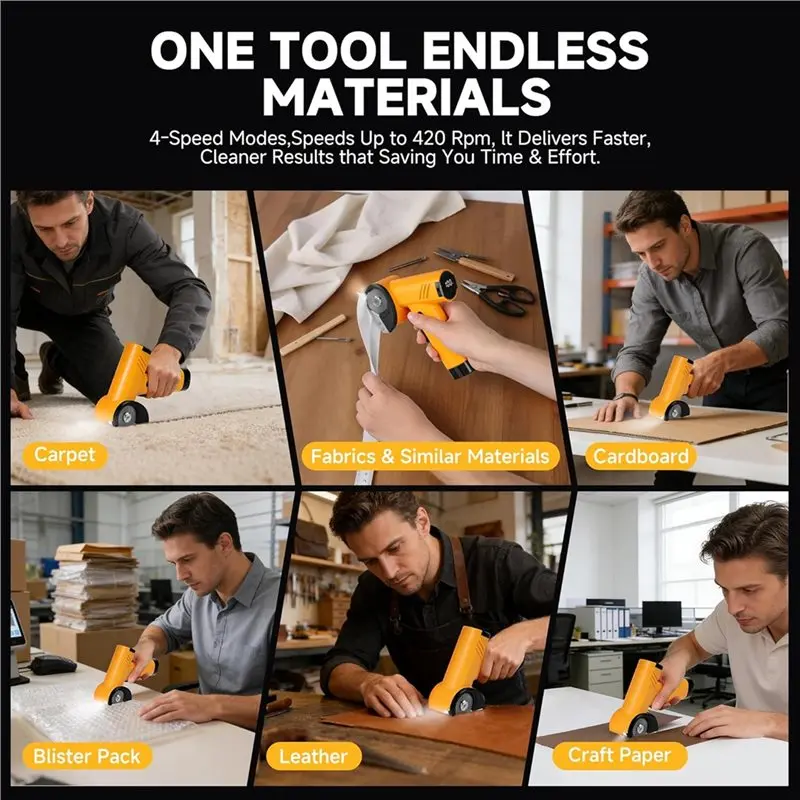 A84X-Cordless Electric Scissors, Cardboard Cutter With LED, 4-Speed Switching, 3 SK5 High Carbon Steel Blades, Box Cutter