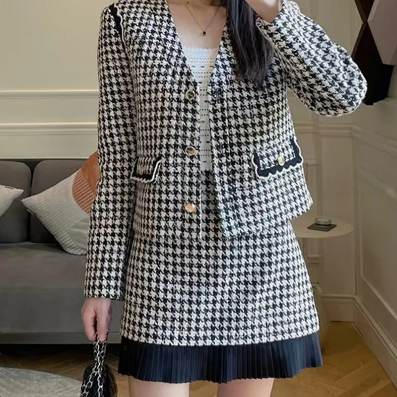 Women Single Breasted Short Jacket Classic Tweed V-Neck Houndstooth Long Sleeve 2022 Autumn Vintage Coat