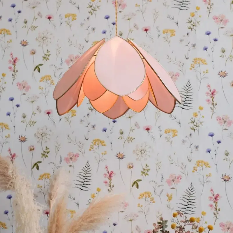 Pink Flower Pendant Light for Bedroom Dining Room Study LED Lamp Home Decor Fixtures French Retro