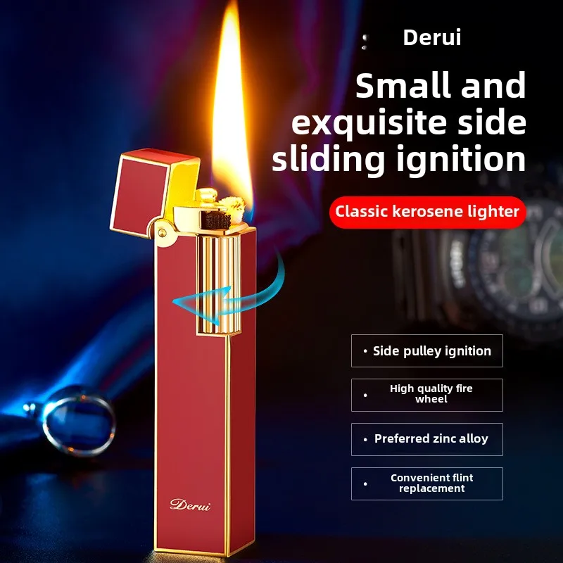 Derui Narrow Edition Mini Kerosene Lighter Metal Loud Voice Sideslip Grinding Wheel Ignition Smoking Accessories Gadgets For Men - Image 4