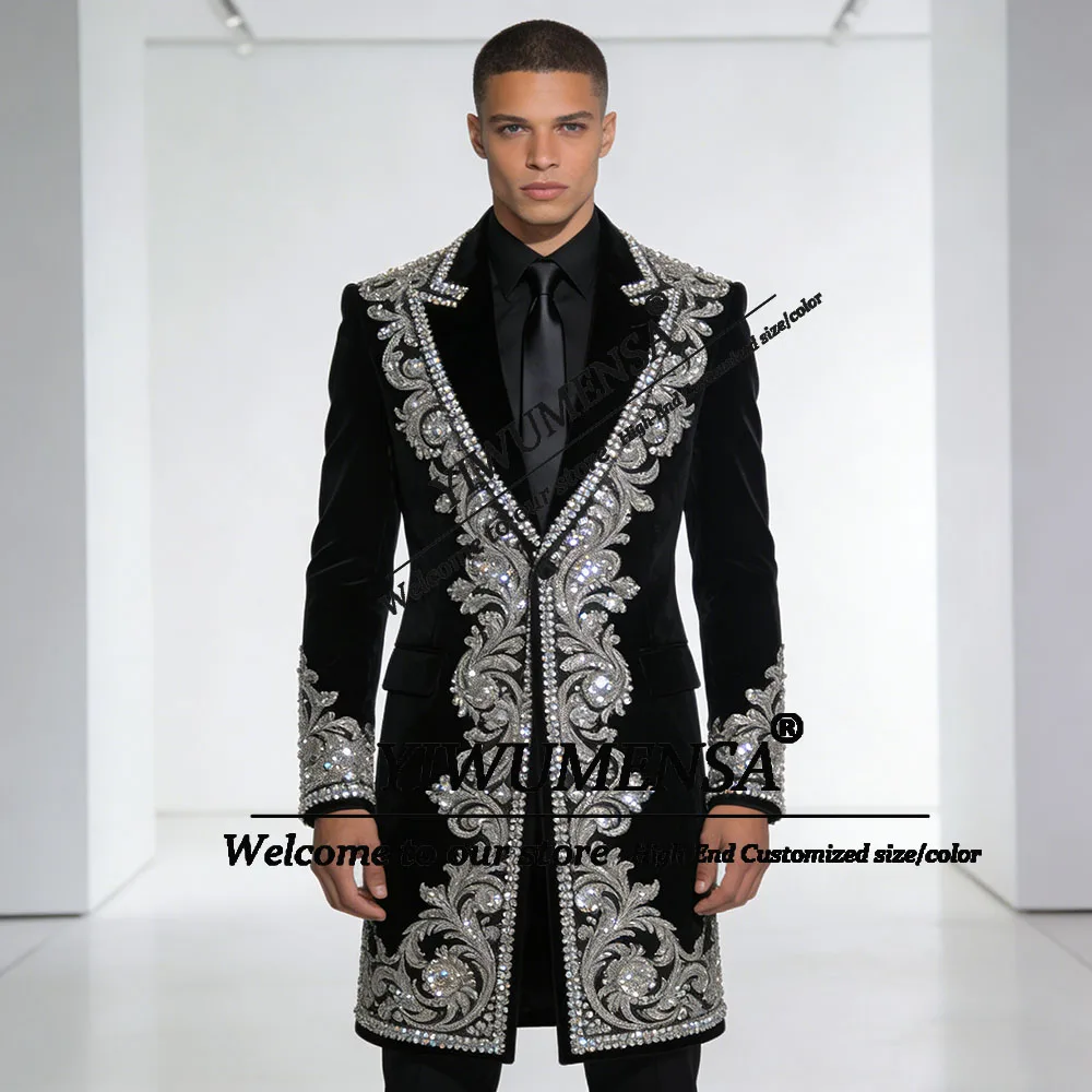 Sieraden Ornament Mannen Pak Aangepaste Kralen Fluwelen Jas Lange Bruidegom Blazers 2-delige Sets Bruiloft Tuxedo Trajes Para Hombre