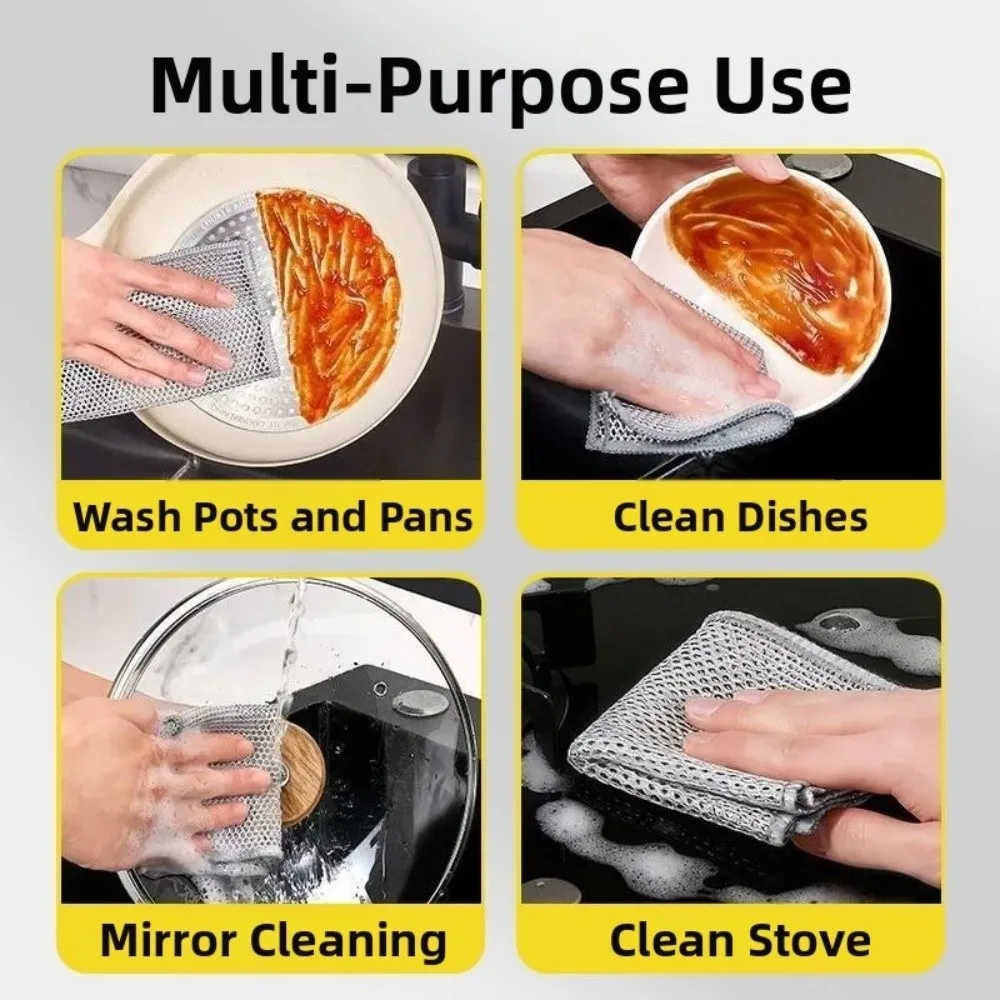 Microfiber Silver thread cleaning cloth Double Layer Non-Scratch Steel Wire Cleaning Cloth Grease Removing Mesh Dishcloth