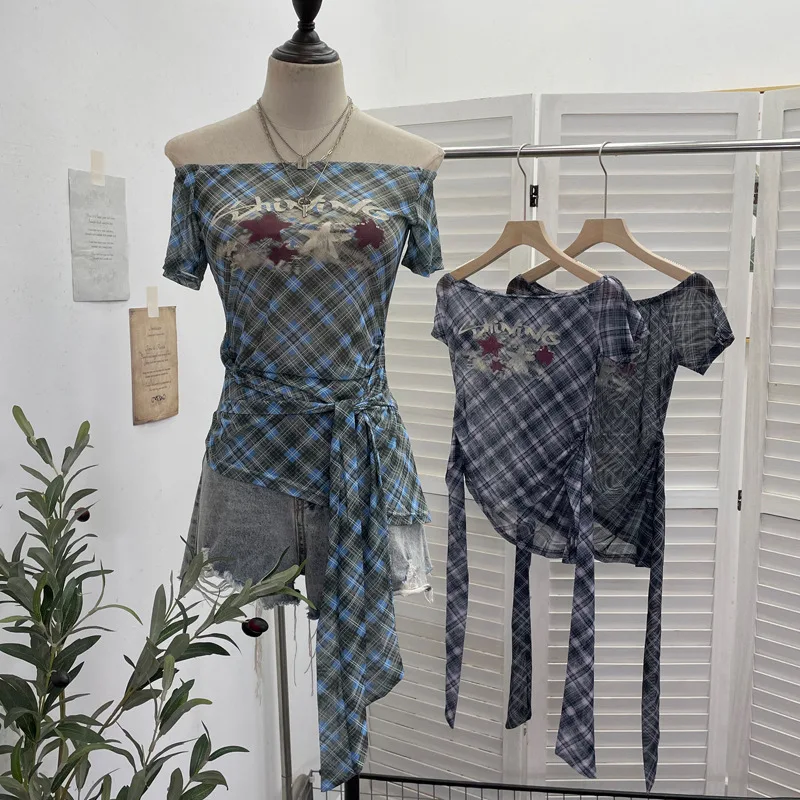 Women Vintage Plaid Mesh Short Sleeve Shirt Sexy One Shoulder Backless Irregular Ribbon Y2K Short Top Partyclub Streetwear 1237