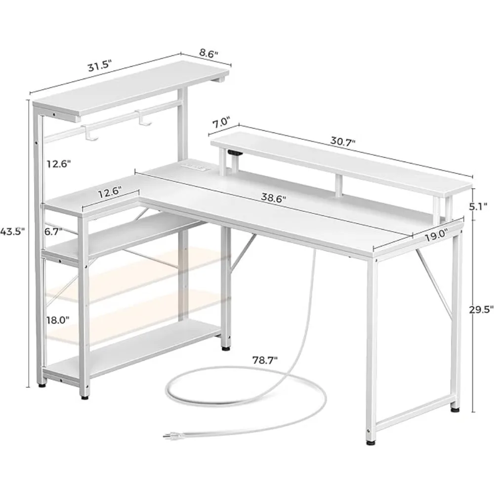 Mesa de jogos setentable com tomada de energia e luz LED, mesa pequena reversível com suporte para monitor, prateleiras e ganchos de 4 camadas, 39" L