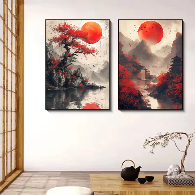 Samurai Warrior Red Moon Canvas Painting Japanese Natural Landscape Mountain Temple Posters Vintage Wall Art Prints Home Decor