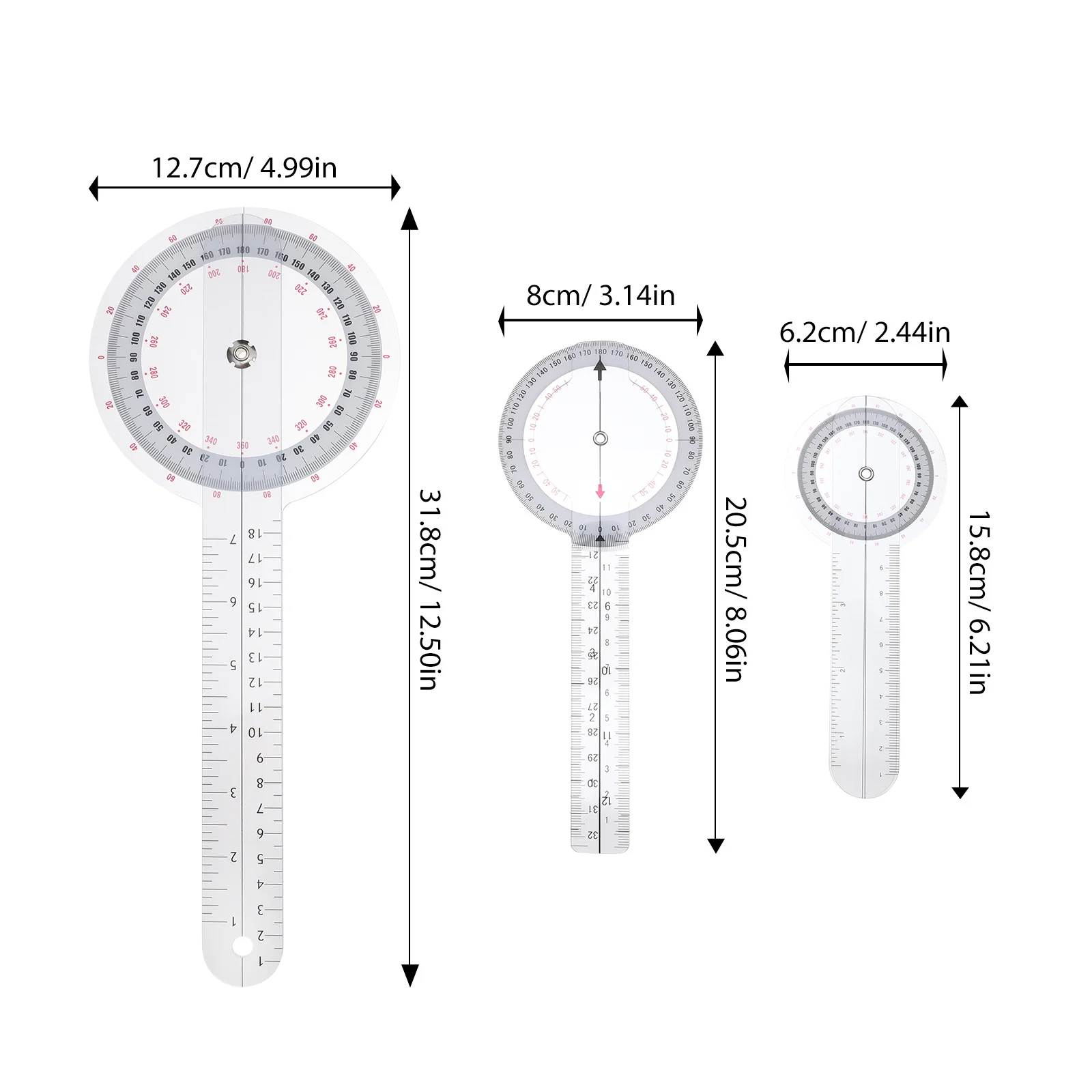 3Pcs Angle Protractor Set Medical Grade Measuring Goniometer for Finger Toe Movement Transparent Precision Ruler Portable