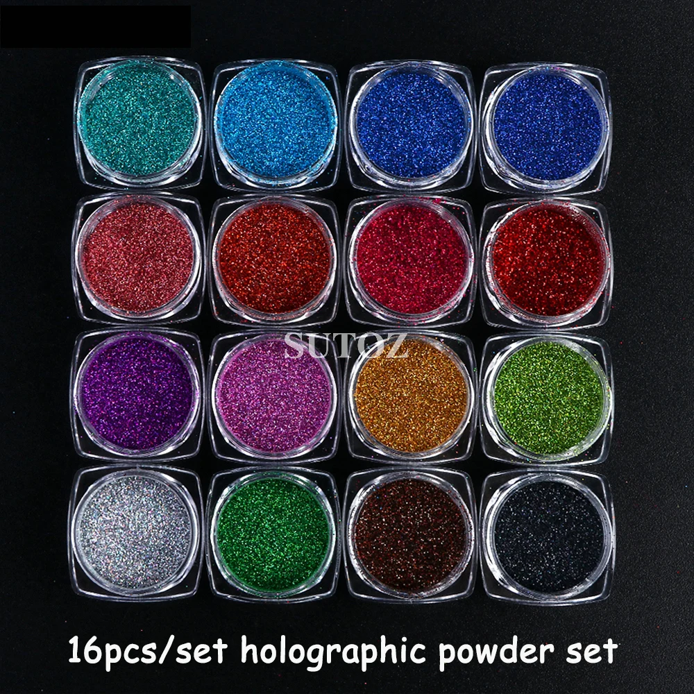 Poudre de paillettes holographiques pour ongles, ensemble de pigments argentés chromés, gel, vernis, coulée, poussière de frottement, matériaux de manucure LEBL01-16, 16 pièces