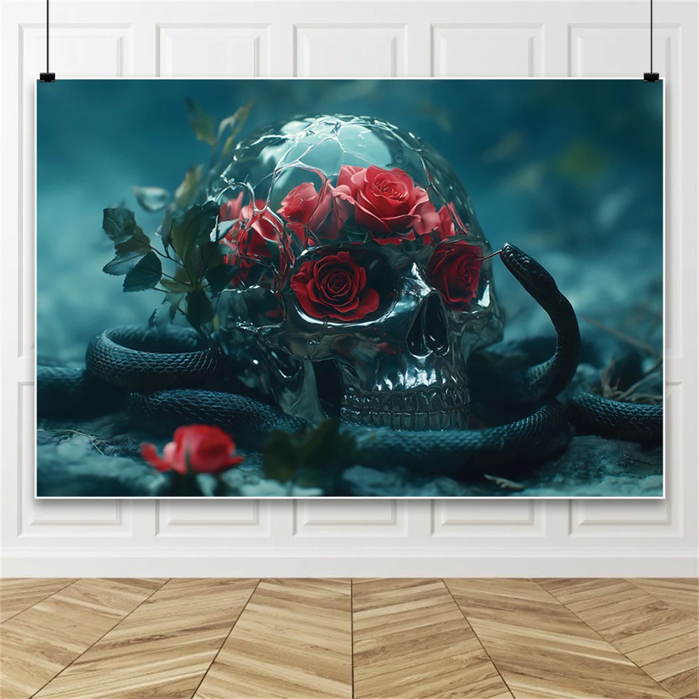 Halloween Skulls Roses Photography Background Dark Forest Snake Flowers Plants Room Decoration Banner Photo Shoot Backdrop Props