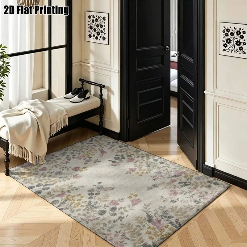 Large Indoor Area Rug, Soft Velvet Low Pile Machine Washable Vintage Floral Indoor Rug for Living Room and Bedroom, Muted Pink Green Yellow Flower Pattern Home Floor Decor