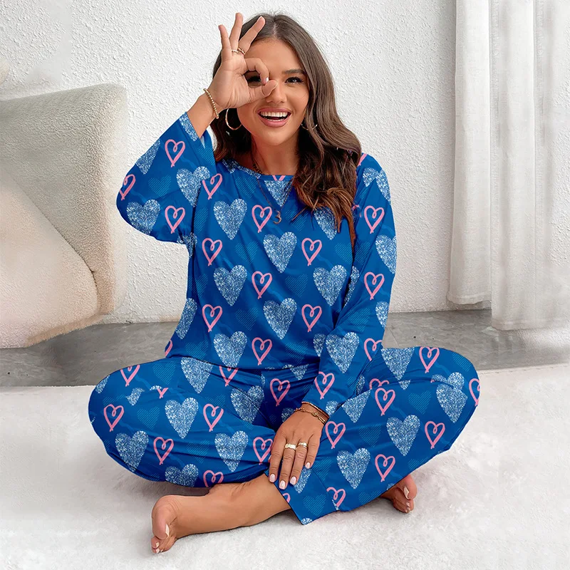

Plus Size Off Shoulder Lady's Loungewear Long Sleeve Pajamas Sets Pants with Heart Print Casual Homewear 2pcs Outdoor Styled