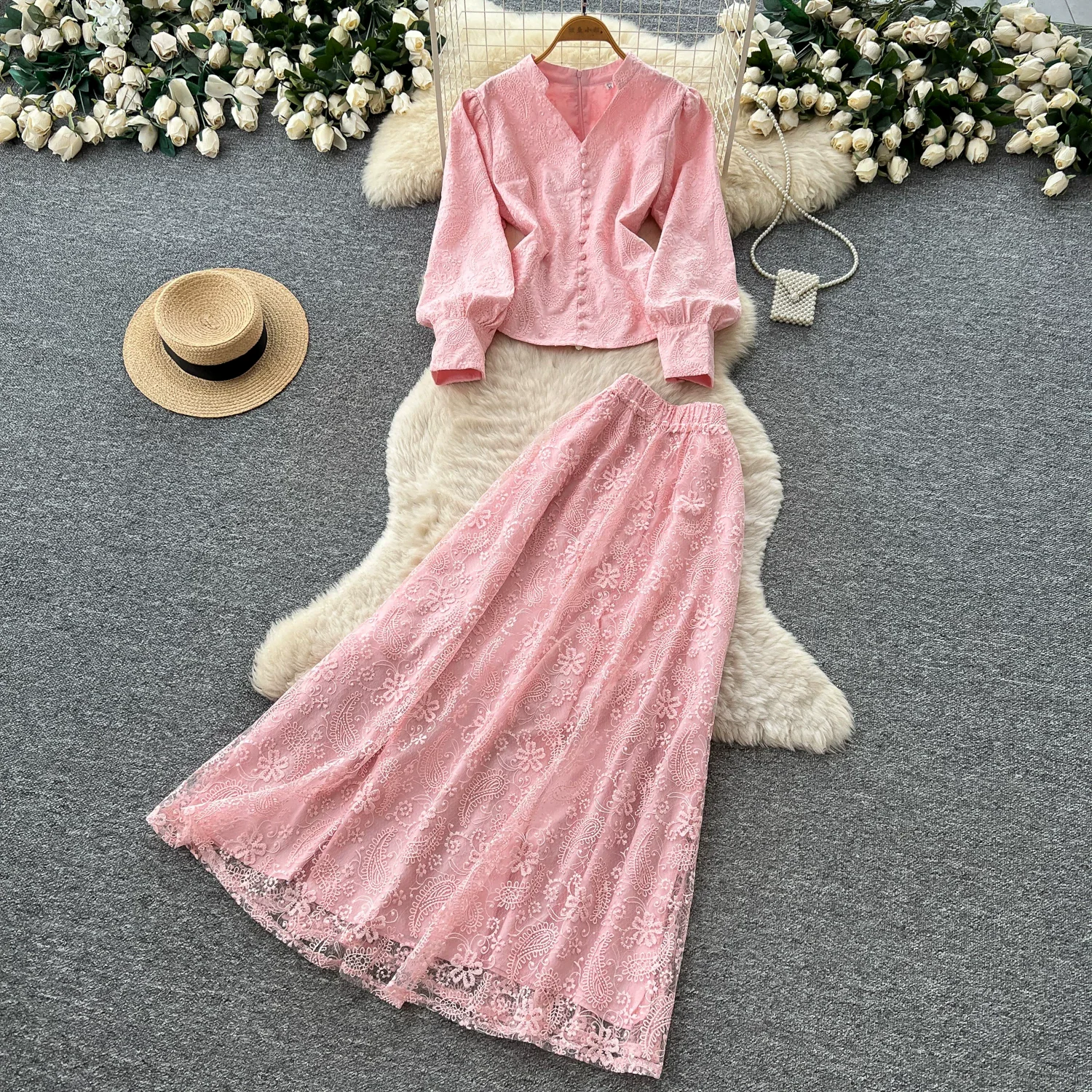 Women Vintage Lace Two Piece Set Long Sleeve V-Neck Button Up Top Pleated Maxi Skirt Elegant Wedding Guest Formal Party Suit