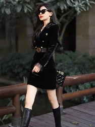 (Furong Garments) Golden velvet temperament dress for women in spring and autumn 2023 New sexy celebrity skirt Slim fit, slim wa