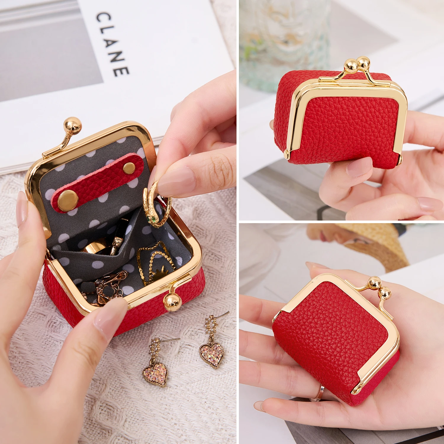 New Mini Women's Solid Color PU Leather Jewelry Box Can Store Rings Necklaces Earrings Portable Coin Purse With Kiss Clasp