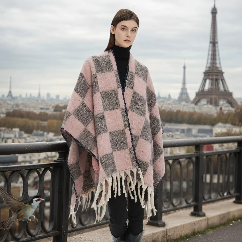 

Осень-зима, теплая женская шаль, французская мода, утолщенный шарф-петля, пряжа из мохера, жаккардовый клетчатый узор, дизайн