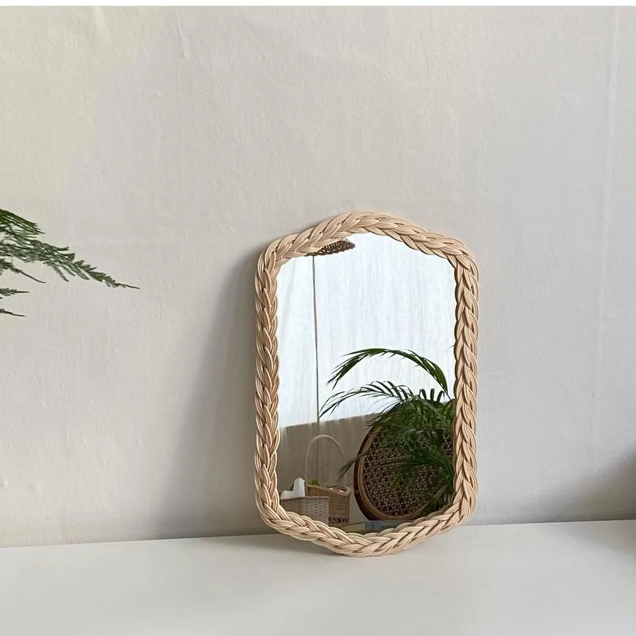 Ins Style Baby Room Photo Props Simple Rattan Retro Mirror Dressing Table Decorative Mirror Net Red Log Wall Hanging Mirror