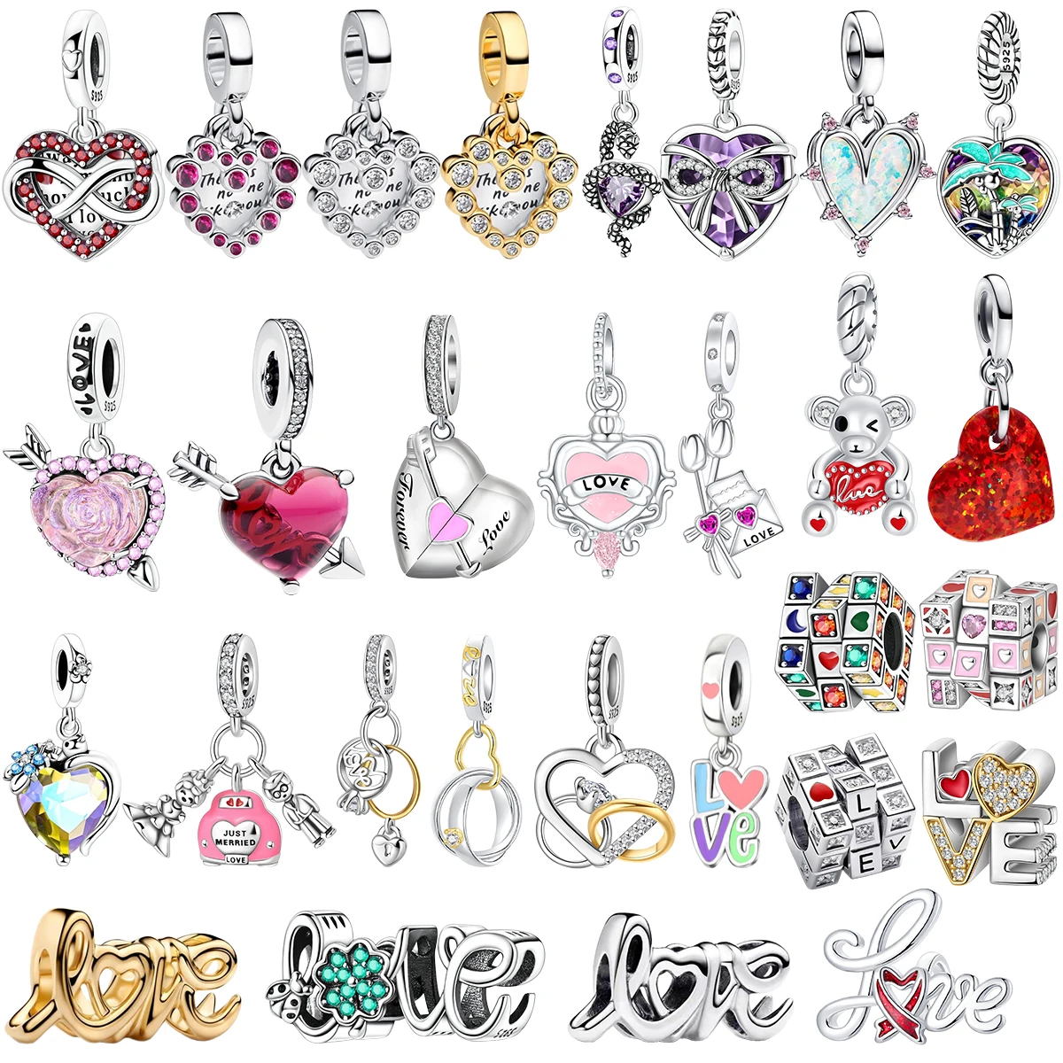 

925 Sterling Silver Pink Love Bow Four-leaf Clover Heart Charms Rings Pendants Fit Original Bracelet DIY Fine Jewelry Women Gift