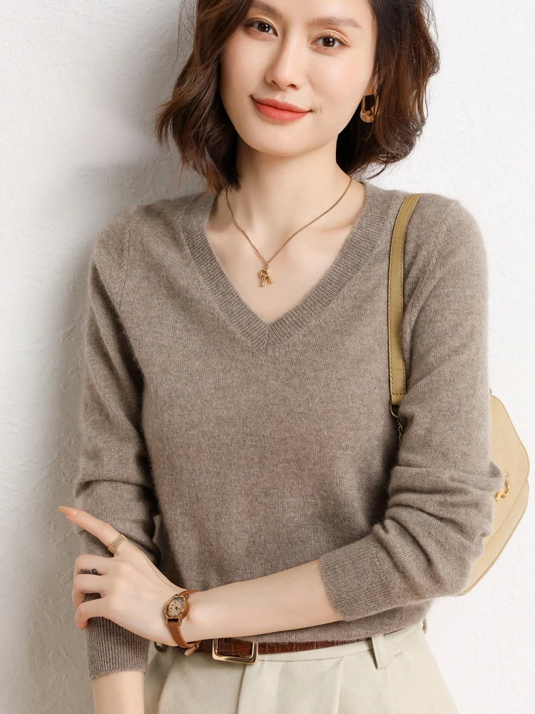 

New Women's Basics Cashmere Pullover Autumn Winter V-Neck 100% Cashmere Sweater Knitwear Luxury Office Lady Cashmere Sweater