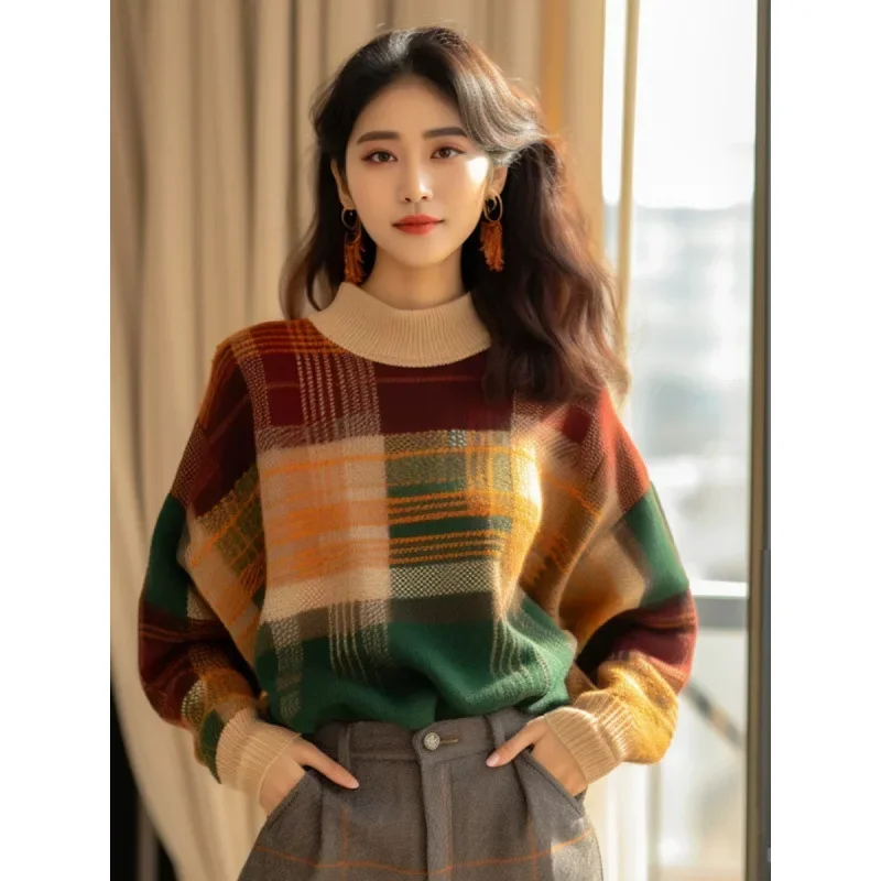 Vintage Plaid Color Blocking Half Polo/Turtle Neck Sweater Women's Autumn/Winter 2024 New Style European Imported Heavy Knit Top