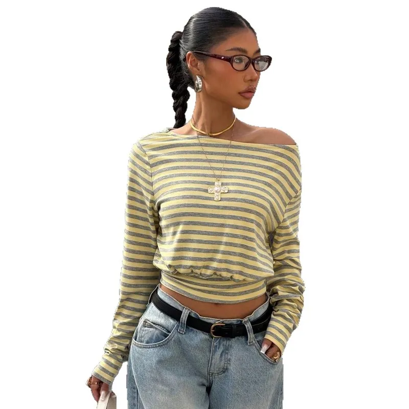 Women'S Striped Long Sleeve Tops Crew Neck Slim Fit Casual Daily Wear Fashion Basic Tee Shirts For Spring Fall view 5