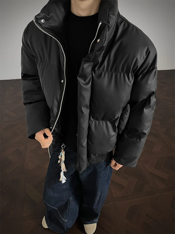 

Warmth PU Leather Cotton Jaet Men's Winter Sle Bread Coat Stand Collar Loose Fit Faionable Youth Polyester Fiber