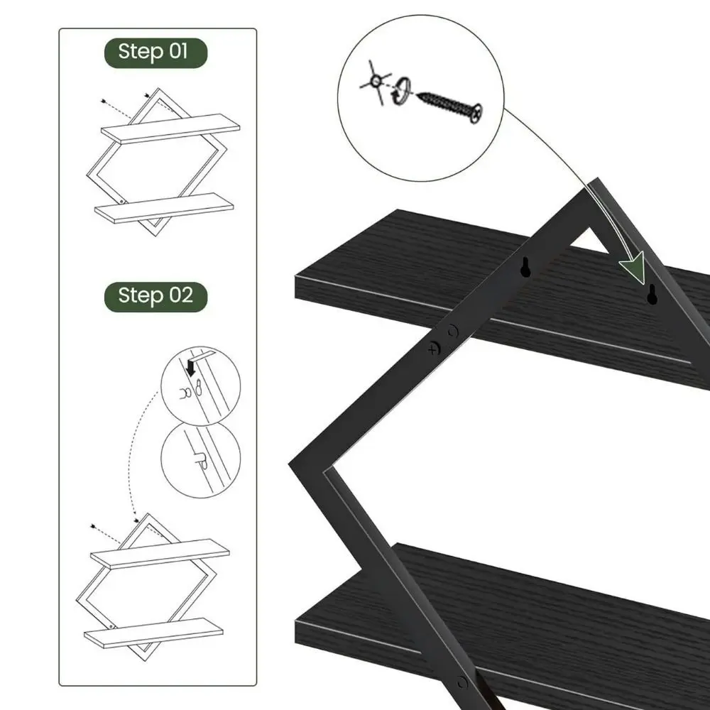 2PCS Multi-functional 2-Tier Wood Floating Shelves Wall Mounted Space Saving Storage Rack Decorative Display Shelves Study