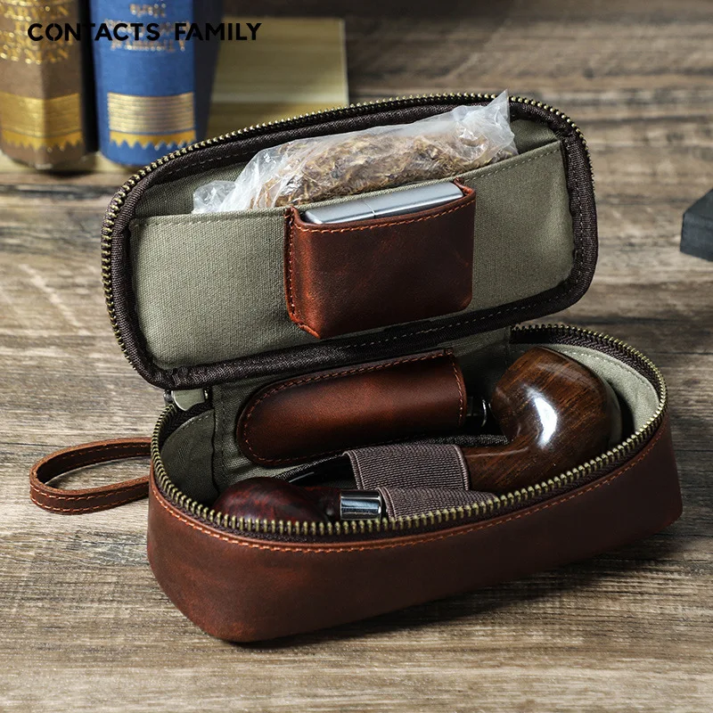 Coffee colored cowhide pipe and tobacco storage box set, portable zippered portable pipe bag for travel