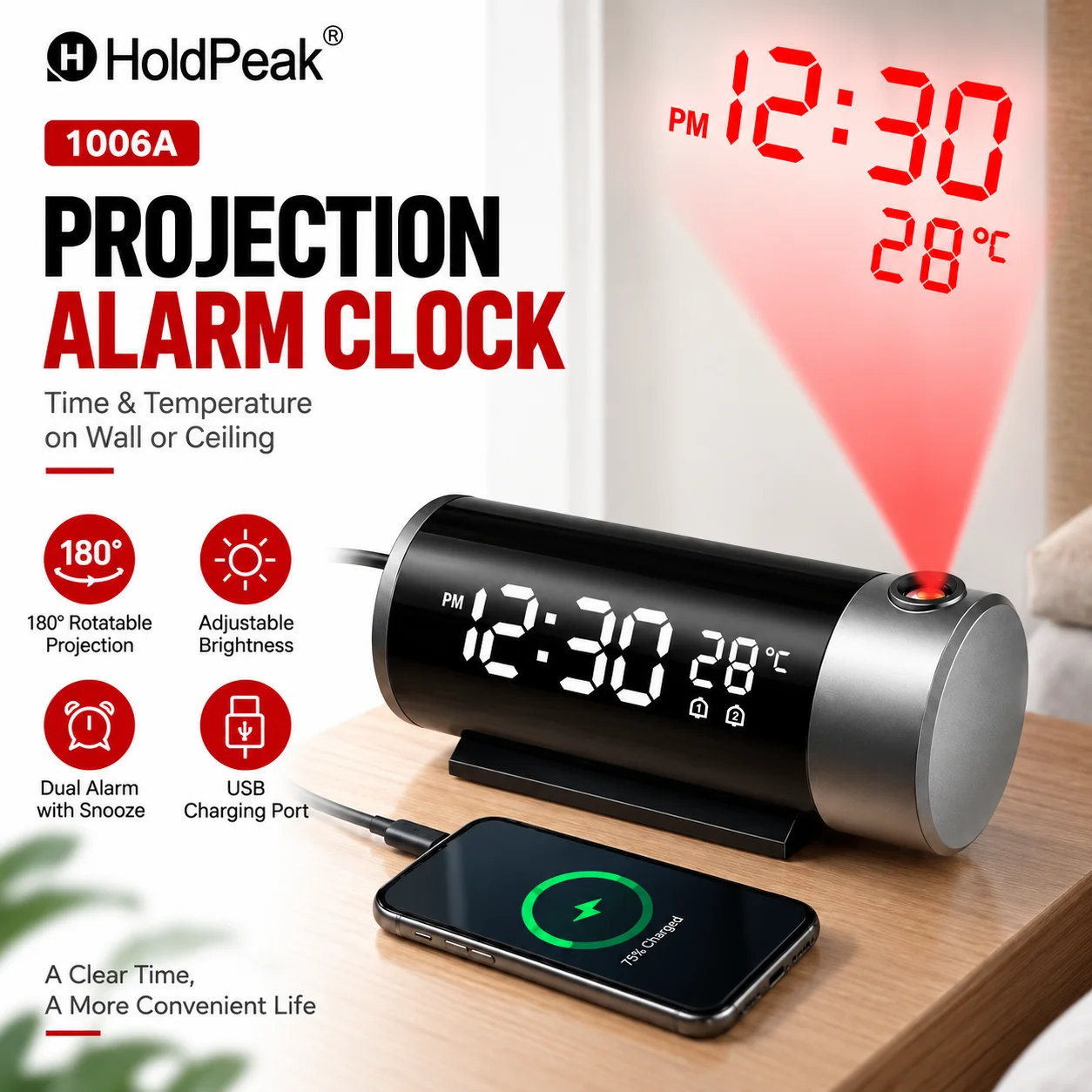 180° Rotatable Projection Clock Digital LED Alarm Clock with Temperature Humidity Sensor, Dual Alarm Auto Dimmable Brightness
